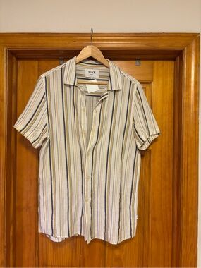 NWT Wax London Men's Short Sleeve Striped Button-Up Shirt in Cream and Blue